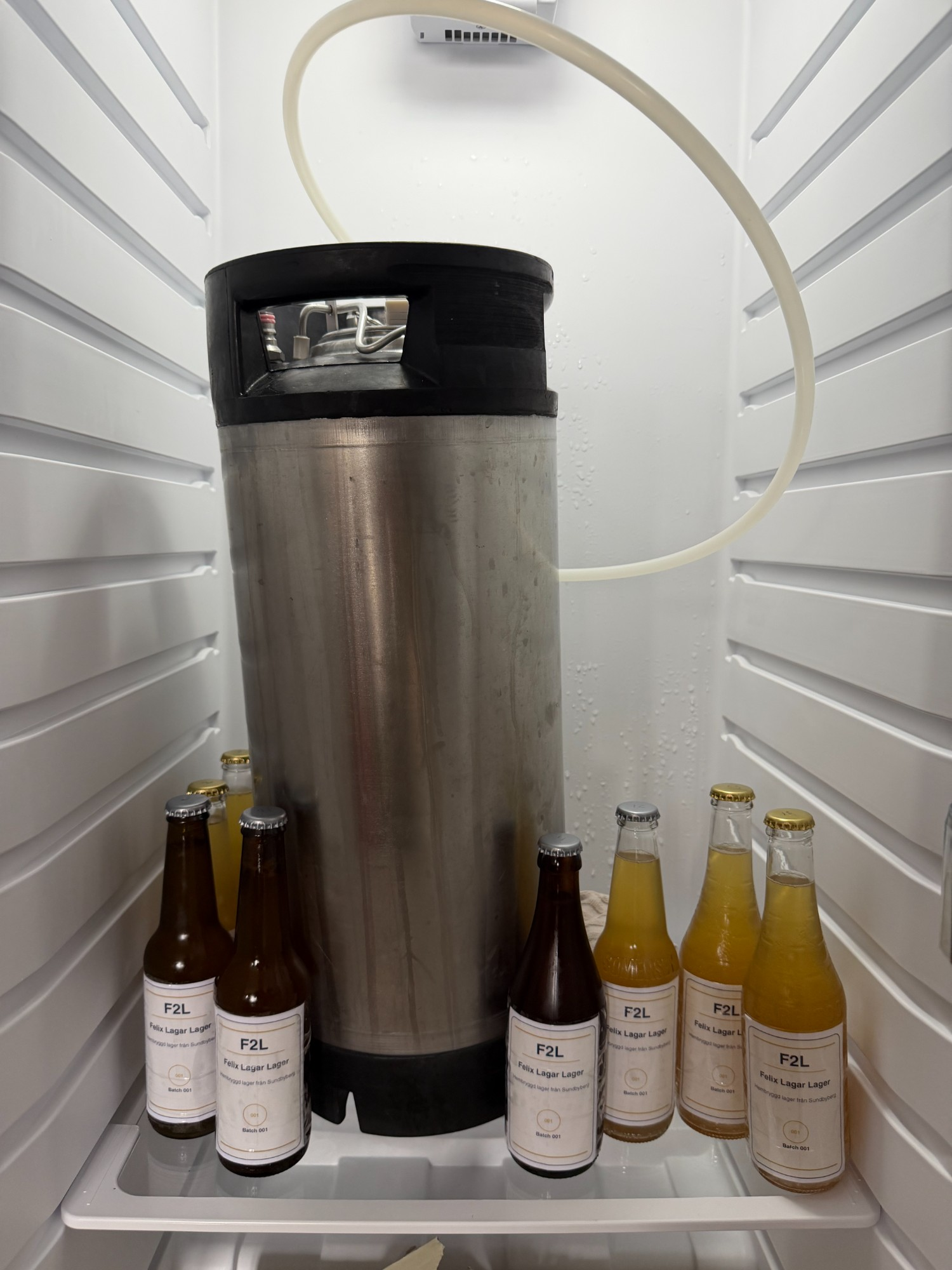 F2L bottles and keg chilling in the fridge